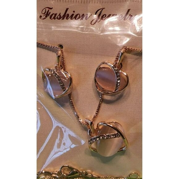Fashion Jewelry Jewelry - Rose Gold Heart Necklace & Earrings Set With Rhinestone Accents